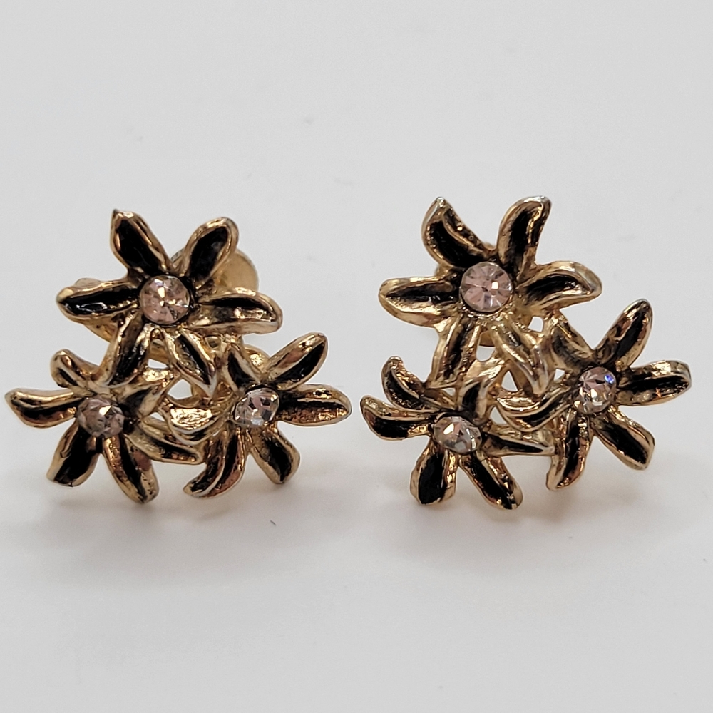 Vintage Rhinestone Flower Triad Cluster  Black Gold Tone Screwback Earrings